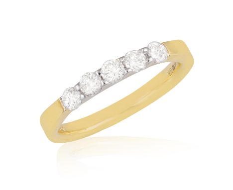 A DIAMOND FIVE-STONE RINGThe bi-coloured polished mount set with five brilliant-cut diamonds, mounted in 18K gold, maker’s ma