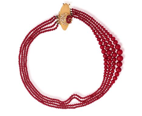 AN AGATE, RUBY AND DIAMOND NECKLACE Composed of four strands of graduated red agate beads, to a clasp designed as a realistic