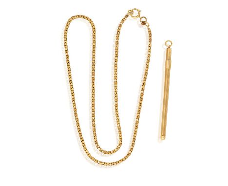A 9K GOLD CHAIN NECKLACE AND A SWIZZLE STICKThe 9K gold chain composed of polished circular-shaped links and a 9K gold swizzl