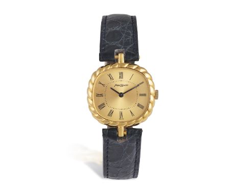 AN 18K GOLD LADY'S WATCHManual wind movement, the oval-shaped champagne dial with painted Roman numeral hour markers, black s