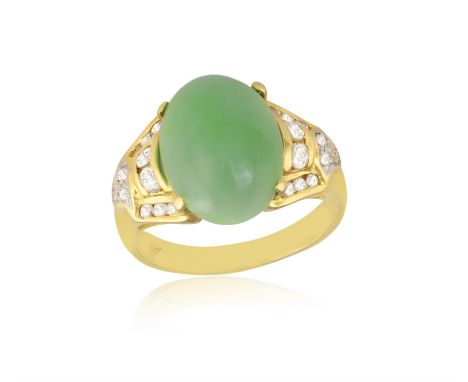 A JADE AND DIAMOND DRESS RINGThe oval-shaped jade cabochon, set between brilliant-cut diamond shoulders, mounted in 18K gold,