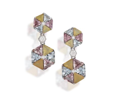 A PAIR OF OPAL, DIAMOND, PINK TOURMALINE AND AQUAMARINE EARRINGSEach of pendent design, composed of two octagonal-shaped link