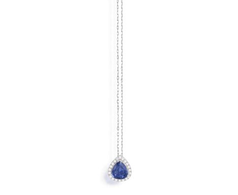 A SAPPHIRE AND DIAMOND PENDANT NECKLACESet with a pear-shaped sapphire weighing approximately 2.45cts, framed by brilliant-cu