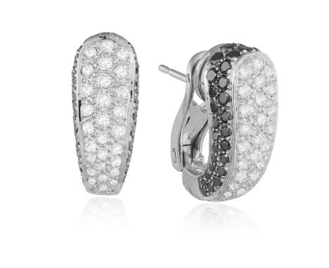 A PAIR OF DIAMOND EARRINGSEach frontispiece pavé-set with brilliant-cut diamonds, between circular-cut diamonds of black tint