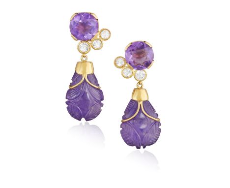 A PAIR OF AMETHYST AND DIAMOND PENDENT EARCLIPSEach set with a carved drop-shaped amethyst, to a polished cap with wire detai