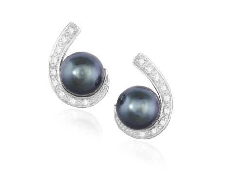 A PAIR OF CULTURED PEARL AND DIAMOND EARRINGSEach set with a cultured pearl of grey tint, measuring 8.2mm, to a scrolled surr
