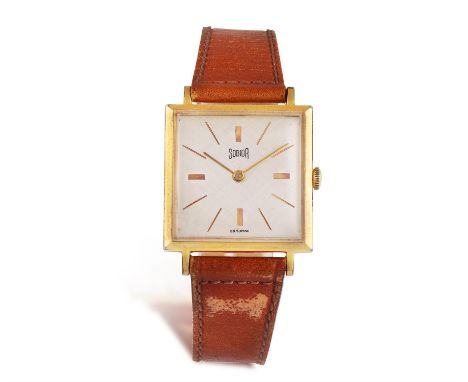 A GENTLEMAN’S SQUARE DRESS WRISTWATCHOf manual wind movement, the silver linen dial applied with baton hour markers, to a cam