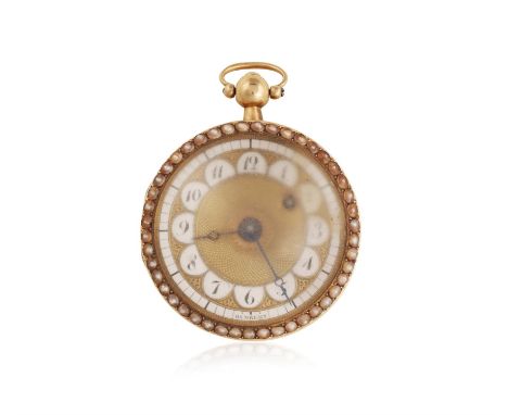 A 18K GOLD FOB POCKET WATCHThe golden guilloché dial, Arabic numeral hour markers, blued Bréguet hands and a seed pearl set b