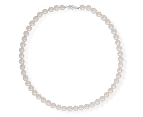 A CULTURED PEARL AND DIAMOND NECKLACEThe single strand set with round-shaped cultured pearls of white tint, measuring from 7.