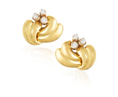 A PAIR OF DIAMOND EARRINGSEach of scrolled plume design, accented with three brilliant-cut diamonds, in 18K gold, diamonds ap