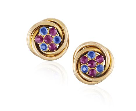 A PAIR OF RUBY AND SAPPHIRE EARRINGSEach centring a flowerhead motif, set with cushion-shaped and circular-cut rubies and sap