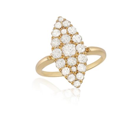 A DIAMOND RINGOf marquise-shape design, set with old- and European-cut diamonds, mounted in 18K gold, diamonds approximately 