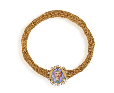 A DIAMOND, SEED PEARL AND ENAMEL PENDANT CHOKER NECKLACEComposed of thirteen fancy-link chains, centring a circular plaque fo