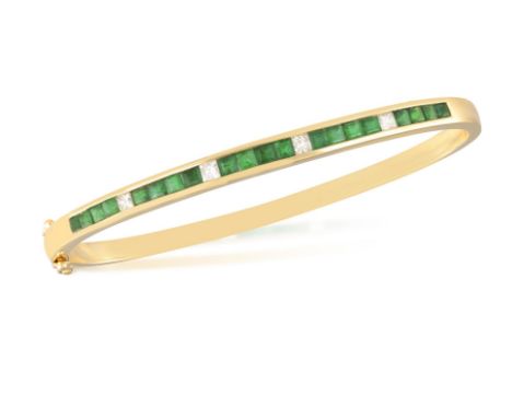AN EMERALD AND DIAMOND BRACELET BANGLE The hinged bangle set to the front with calibré-cut emeralds and square-shaped diamond
