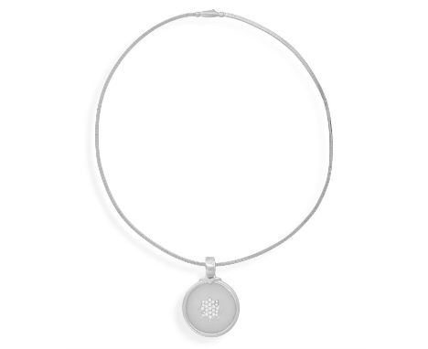 A ROCK CRYSTAL AND DIAMOND PENDANT NECKLACE The circular-shaped pendant set with a carved frosted rock crystal, with central 