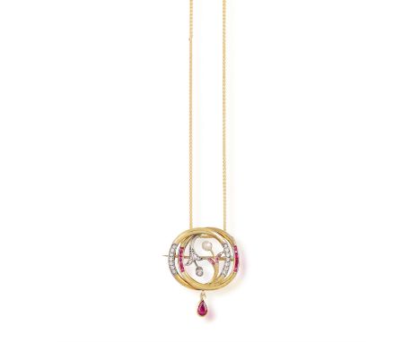 A LATE VICTORIAN RUBY, CULTURED PEARL AND DIAMOND PENDANT BROOCHOf openwork circular-shaped interlocking design, with central