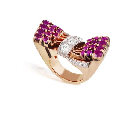 A RETRO RUBY AND DIAMOND DRESS RING, CIRCA 1940SOf stylised bow and ribbon motif, set with circular-shaped rubies and Europea