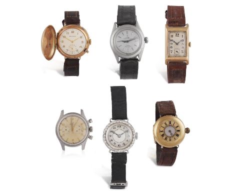 A GROUP OF WATCHESComprising: six watches, one 18K gold pocket watch transformed into a wristwatch, on a leather strap; a 9K 
