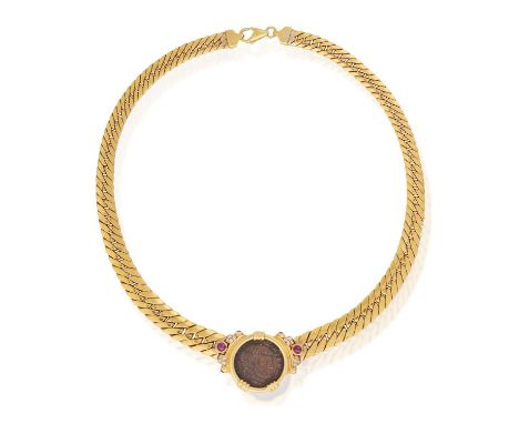 A RUBY AND DIAMOND PENDANT NECKLACE Collet-set with a reproduction coin depicting a profile of a man with a wreath, enhanced 