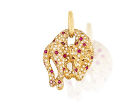 A RUBY AND DIAMOND PANTHER PENDANT BROOCHModelled as a panther, set with single-cut rubies and brilliant-cut diamonds, to cab