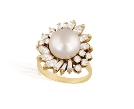 A CULTURED PEARL AND DIAMOND RINGSet with a cultured pearl of white tint, within a surround of marquise-shaped, tapered bague