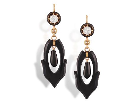 A PAIR OF DIAMOND AND ONYX EARRINGSEach set with fancy-shaped and drop-shaped onyx, suspended from a claw-set old-cut diamond