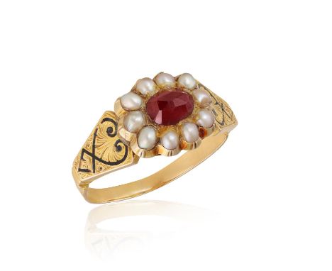 A VICTORIAN GARNET, SEED PEARL AND ENAMEL RINGThe centre of cluster design, set with a faceted garnet framed by seed pearls, 
