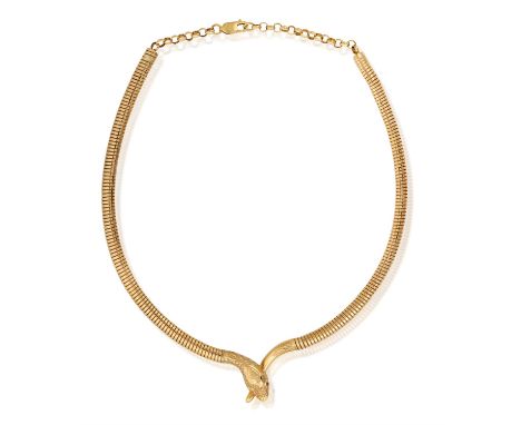 A GOLD AND RUBY NECKLACEThe front designed as a snake’s head and tail with ruby eye detail, to a coiled and cable-link neckla