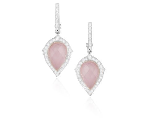 STEPHEN WEBSTER: A PAIR OF PINK OPAL, QUARTZ AND DIAMOND PENDENT EARRINGSEach set with a faceted pear-shaped pink opal and qu