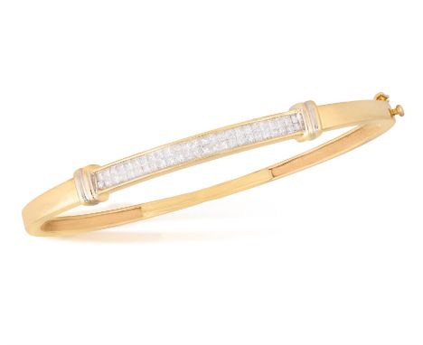 A DIAMOND BANGLE BRACELETThe hinged slightly tapered bangle, channel-set to the front with a double row of square-shaped diam