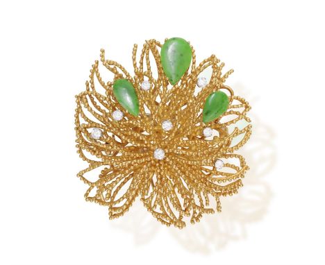 A JADE AND DIAMOND BROOCH, CIRCA 1960Designed as a flower, composed of a spray of beaded wires, accented with three pear-shap