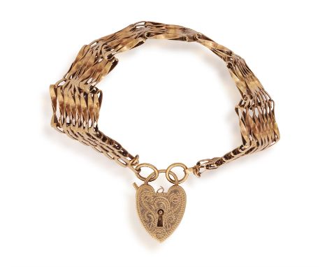 A 9K GOLD BRACELETOf gate-link bracelet design, with an engraved heart-shaped padlock clasp, in 9K gold, maker’s mark and Dub