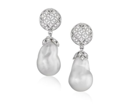 A PAIR OF CULTURED PEARL AND DIAMOND PENDENT EARRINGSEach set with a baroque-shaped cultured pearl of white tint measuring ap