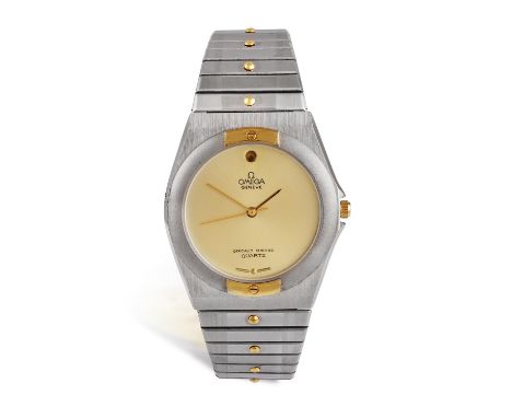 OMEGA: A STAINLESS STEEL QUARTZ BRACELET WATCHQuartz movement, the tonneau-shaped champagne dial with golden 12 and 6 o’clock