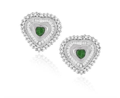 A PAIR OF EMERALD AND DIAMOND EARRINGSEach designed as a heart, the undulated mount set with baguette- and brilliant-cut diam