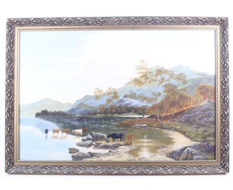 A Wilkinson, a 20th century oil on canvas depicting cows beside a lake. Signed, 49cm x 74cm, in a gilt frame