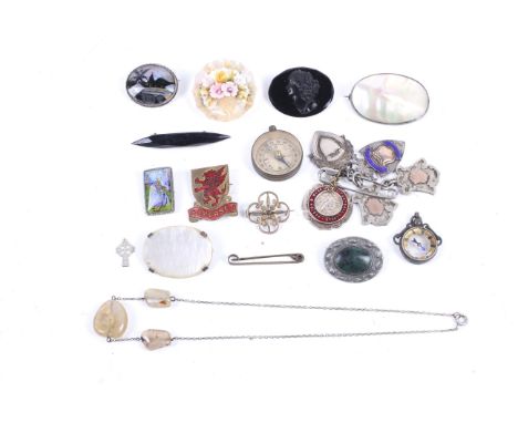 A small collection of jewellery and other items. To include a late Victorian compass, a lucite flower brooch, two butterfly w