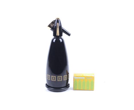 A vintage 1970s BOC Sparklets enamel soda syphon, dish and a box of bulbs. Black gold 'executive' edition bottle. H33cm