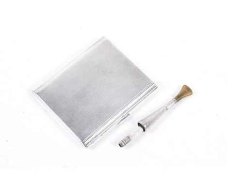 An Art Deco silver engine-turned cigarette case and a later cigarette holder. The case with an internal inscription dated 194