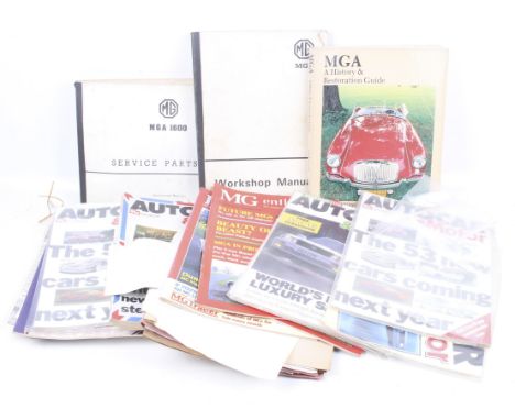 An assortment of vintage car related magazines. Including a Car owners manual for MGA, spares book and various veteran car ma