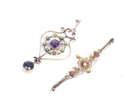 Two early 20th century gold and gem set jewels. Comprising an Edwardian gold and amethyst two stone open double-scroll pendan