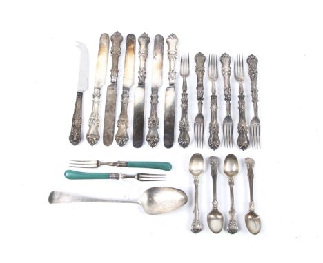 An assortment of 19th century and later flatware. Comprising a Georgian silver spoon, hallmarked Thomas Hayter, London 1809, 