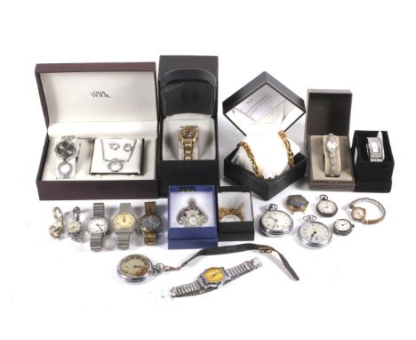 An assortment of watches and collectables. Including an Intersol pocket watch, a gentleman's Newmark, chrome-plated elongated