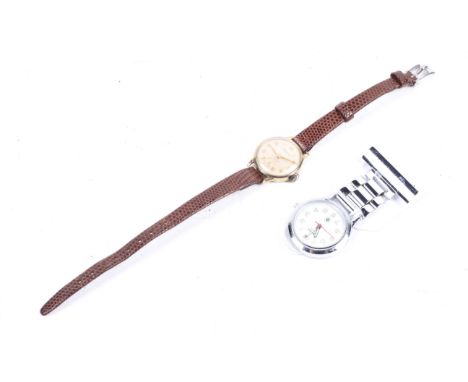 A lady's 9ct gold cased round wristwatch and a nurse's fob watch. The wristwatch, circa 1965, the cream dial with raised gilt