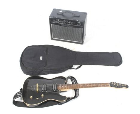 A Harley Benton 'Wilkinson' electric guitar and amp. The guitar with a black case, L98cm. The Harley Benton amp model HB-20R,