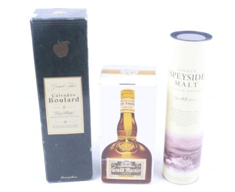 Three bottles of alcohol. Comprising a bottle of Single Speyside Malt Scotch Whisky, aged 12 years, in the original box, a bo