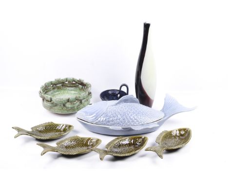 A collection of assorted mid-century ceramic and glassware. Including Casa Pupo 'fish' dishes, a green Italian bowl, a candle