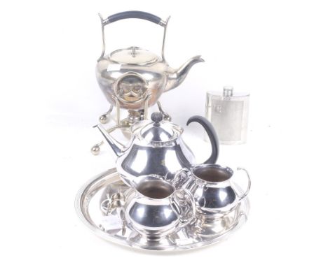 A Mappin & Webb silver plated three piece tea service and other items. The round baluster service designed by Eric Clements, 