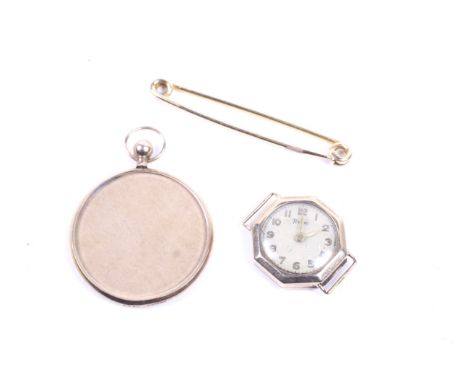 A yellow metal double sided locket, lady's Timor wrist watch case and a yellow metal clip. The locket of circular form with a