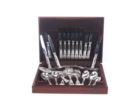 A silver plated kings pattern table service for six. Comprising knives, forks, spoons, fish slices and a fruit spoon, all wit